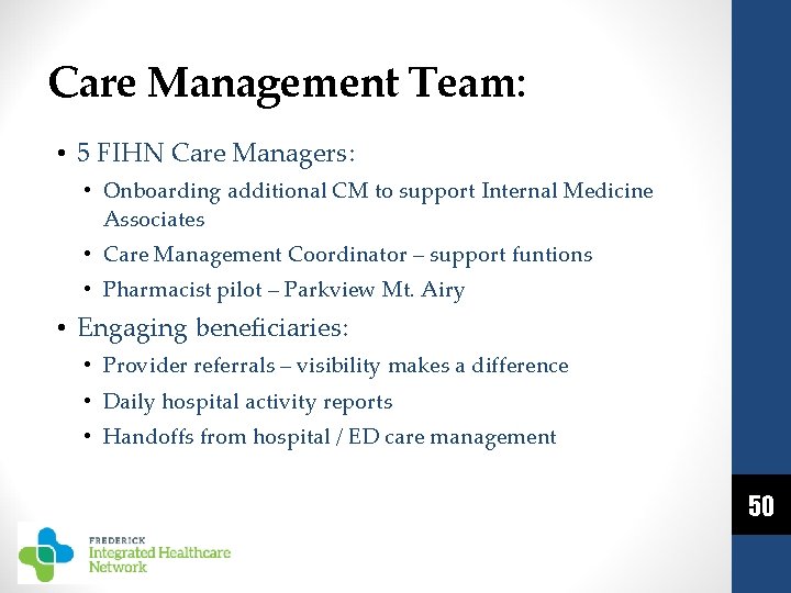 Care Management Team: • 5 FIHN Care Managers: • Onboarding additional CM to support