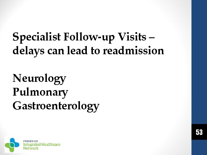 Specialist Follow-up Visits – delays can lead to readmission Neurology Pulmonary Gastroenterology 53 