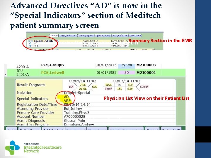Advanced Directives “AD” is now in the Summary Section in the EMR “Special Indicators”