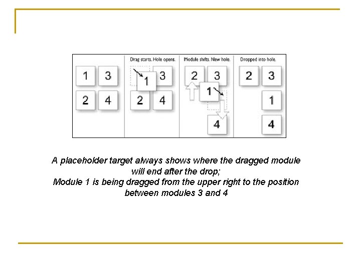 A placeholder target always shows where the dragged module will end after the drop;