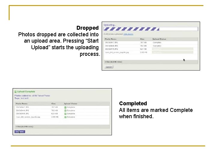 Dropped Photos dropped are collected into an upload area. Pressing “Start Upload” starts the