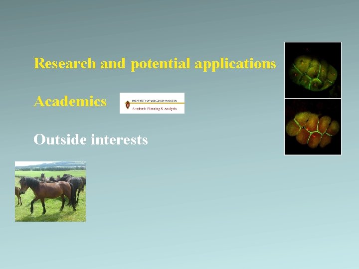 Research and potential applications Academics Outside interests 
