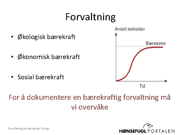 Forvaltning • Økologisk bærekraft • Økonomisk bærekraft • Sosial bærekraft For å dokumentere en