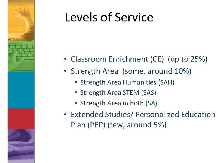 Levels of Service • Classroom Enrichment (CE) (up to 25%) • Strength Area (some,