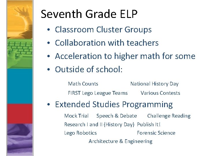 Seventh Grade ELP • • Classroom Cluster Groups Collaboration with teachers Acceleration to higher