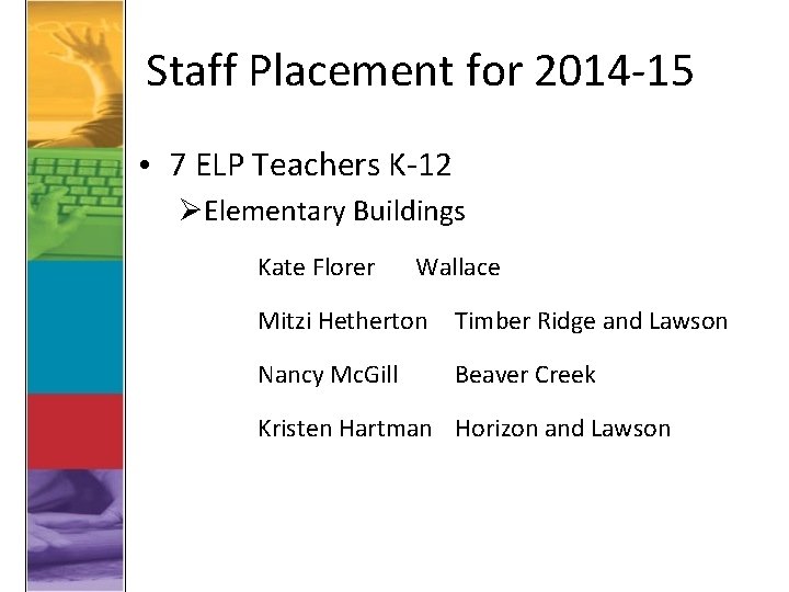 Staff Placement for 2014 -15 • 7 ELP Teachers K-12 ØElementary Buildings Kate Florer
