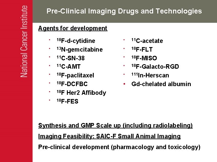 Pre-Clinical Imaging Drugs and Technologies Agents for development • 18 F-d-cytidine • 11 C-acetate