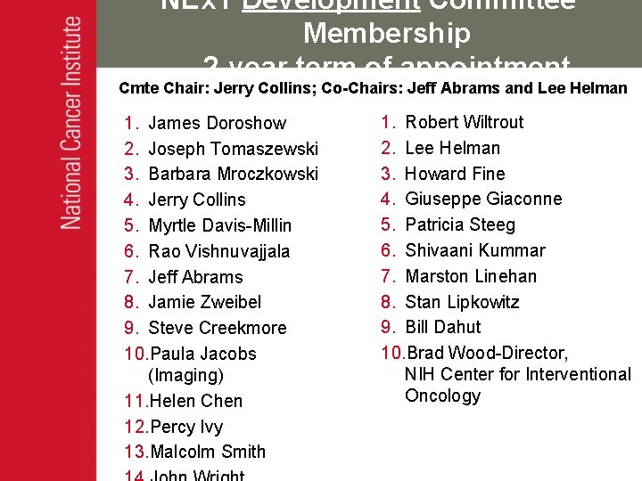 NEx. T Development Committee Membership 2 -year term of appointment Cmte Chair: Jerry Collins;