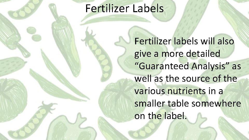 Fertilizer Labels Fertilizer labels will also give a more detailed “Guaranteed Analysis” as well