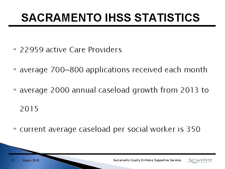 SACRAMENTO IHSS STATISTICS 22959 active Care Providers average 700~800 applications received each month average SACRAMENTO IHSS STATISTICS 22959 active Care Providers average 700~800 applications received each month average