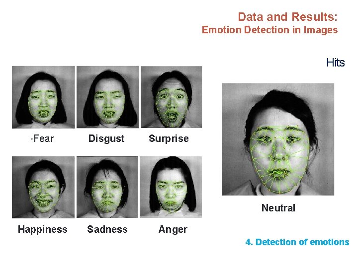 Data and Results: Emotion Detection in Images Hits • Fear Disgust Surprise Neutral Happiness