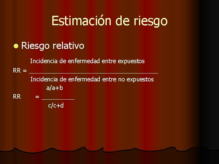 Estimación de riesgo l Riesgo relativo Incidencia de enfermedad entre expuestos RR = ____________________