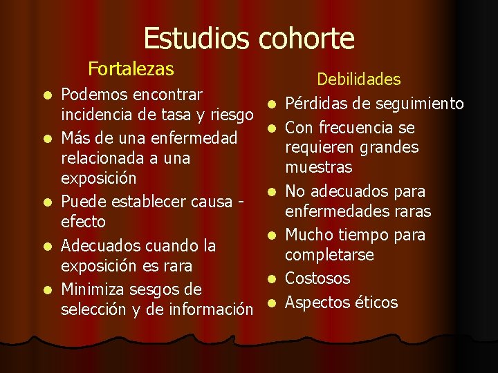 Estudios cohorte Fortalezas l l l Podemos encontrar incidencia de tasa y riesgo Más