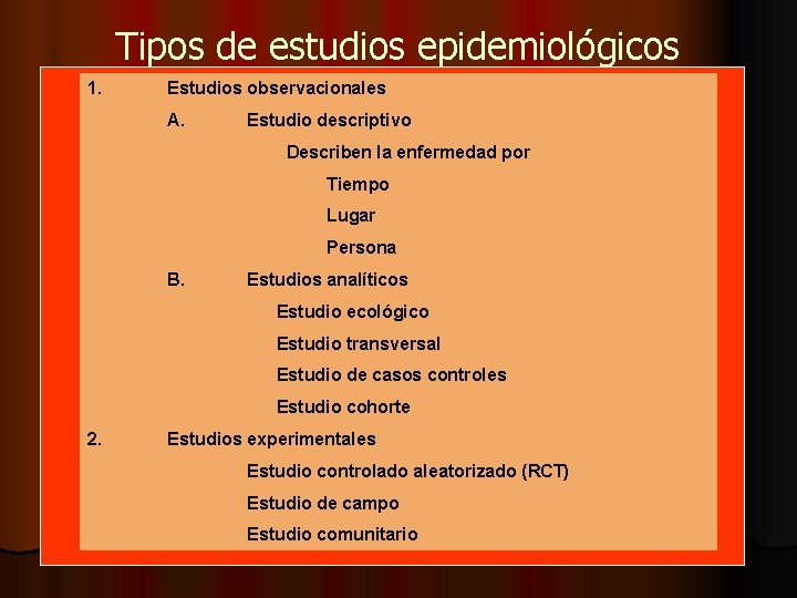 Tipos de estudios epidemiológicos 1. Estudios observacionales A. Estudio descriptivo Describen la enfermedad por