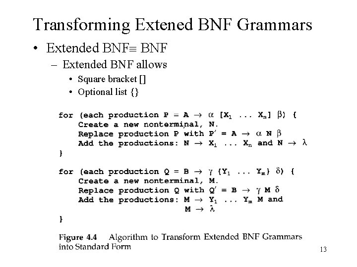 Transforming Extened BNF Grammars • Extended BNF – Extended BNF allows • Square bracket