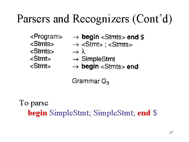 Parsers and Recognizers (Cont’d) To parse begin Simple. Stmt; end $ 17 