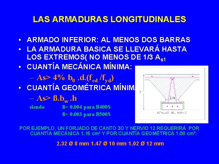 LAS ARMADURAS LONGITUDINALES • ARMADO INFERIOR: AL MENOS DOS BARRAS • LA ARMADURA BASICA