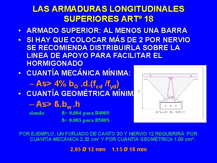 LAS ARMADURAS LONGITUDINALES SUPERIORES ARTº 18 • ARMADO SUPERIOR: AL MENOS UNA BARRA •