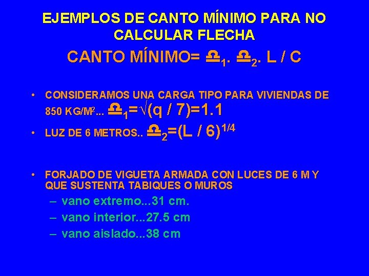 EJEMPLOS DE CANTO MÍNIMO PARA NO CALCULAR FLECHA CANTO MÍNIMO= 1. 2. L /