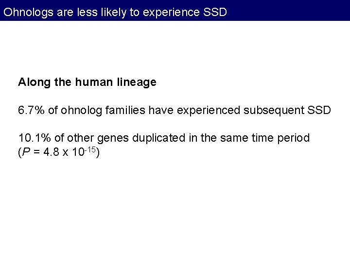 Ohnologs are less likely to experience SSD Along the human lineage 6. 7% of Ohnologs are less likely to experience SSD Along the human lineage 6. 7% of