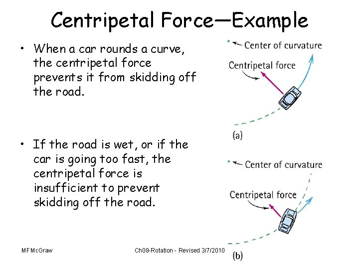 Centripetal Force—Example • When a car rounds a curve, the centripetal force prevents it