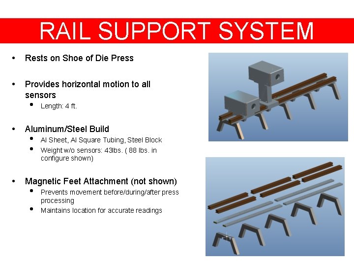 RAIL SUPPORT SYSTEM • Rests on Shoe of Die Press • Provides horizontal motion