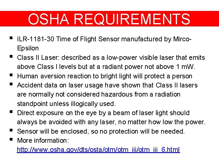 OSHA REQUIREMENTS § § § § ILR-1181 -30 Time of Flight Sensor manufactured by