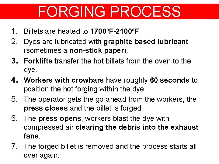 FORGING PROCESS 1. Billets are heated to 1700⁰F-2100⁰F. 2. Dyes are lubricated with graphite