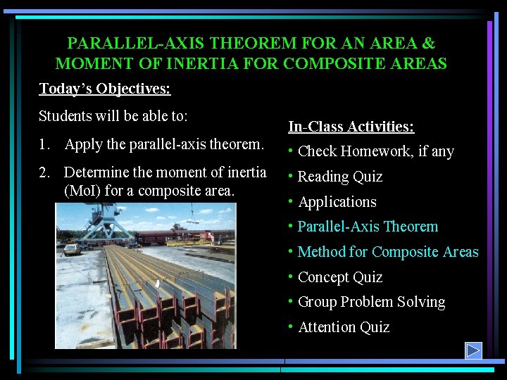 PARALLEL-AXIS THEOREM FOR AN AREA & MOMENT OF INERTIA FOR COMPOSITE AREAS Today’s Objectives: