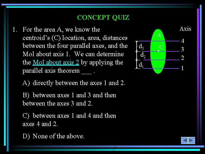 CONCEPT QUIZ 1. For the area A, we know the centroid’s (C) location, area,