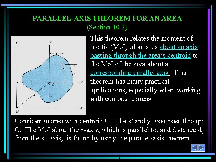 PARALLEL-AXIS THEOREM FOR AN AREA (Section 10. 2) This theorem relates the moment of