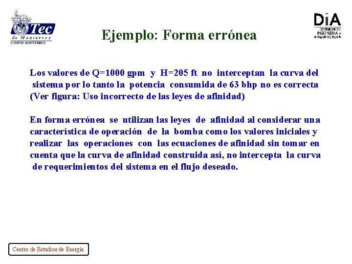 Ejemplo: Forma errónea Los valores de Q=1000 gpm y H=205 ft no interceptan la