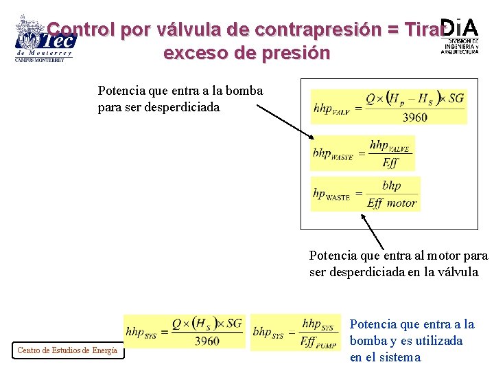 Control por válvula de contrapresión = Tirar exceso de presión Potencia que entra a