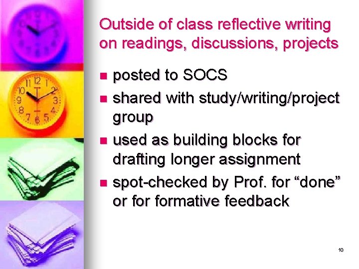 Outside of class reflective writing on readings, discussions, projects posted to SOCS n shared