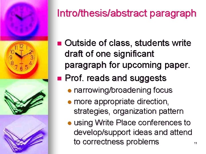 Intro/thesis/abstract paragraph Outside of class, students write draft of one significant paragraph for upcoming