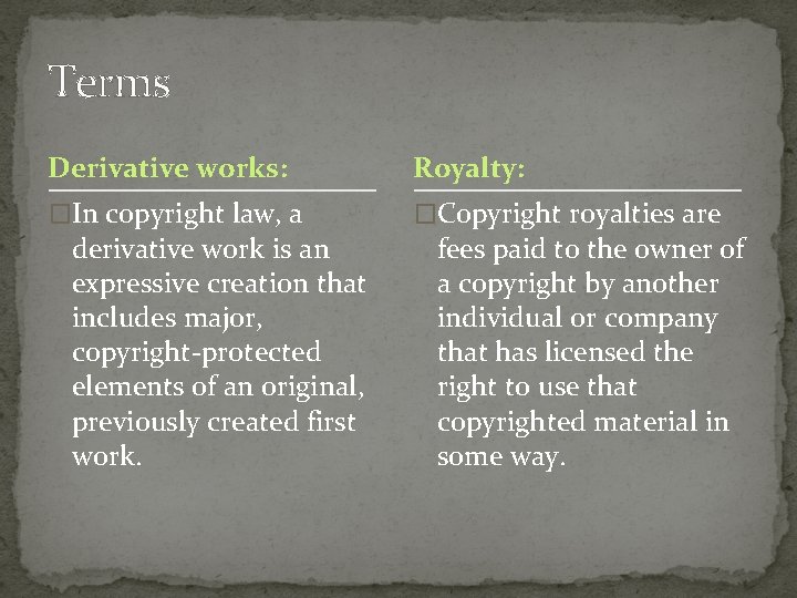 Terms Derivative works: Royalty: �In copyright law, a �Copyright royalties are derivative work is Terms Derivative works: Royalty: �In copyright law, a �Copyright royalties are derivative work is
