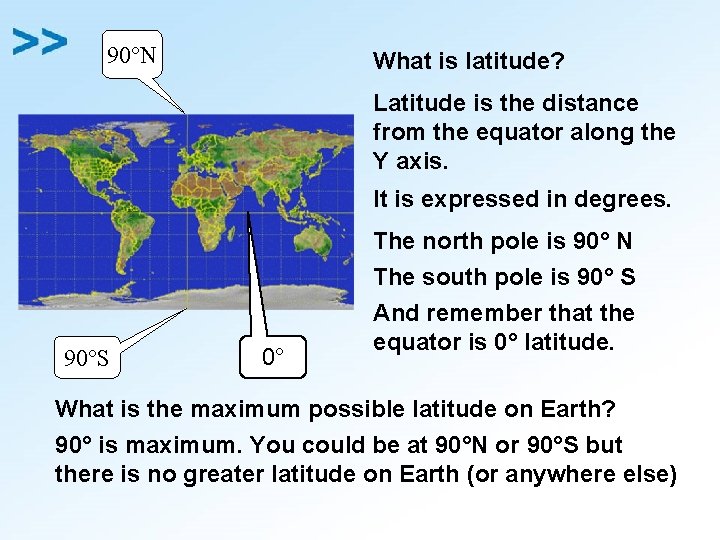 90°N What is latitude? Latitude is the distance from the equator along the Y