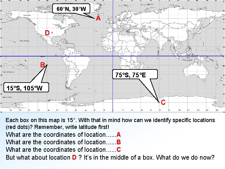 60°N, 30°W 75°S, 75°E 15°S, 105°W Each box on this map is 15°. With