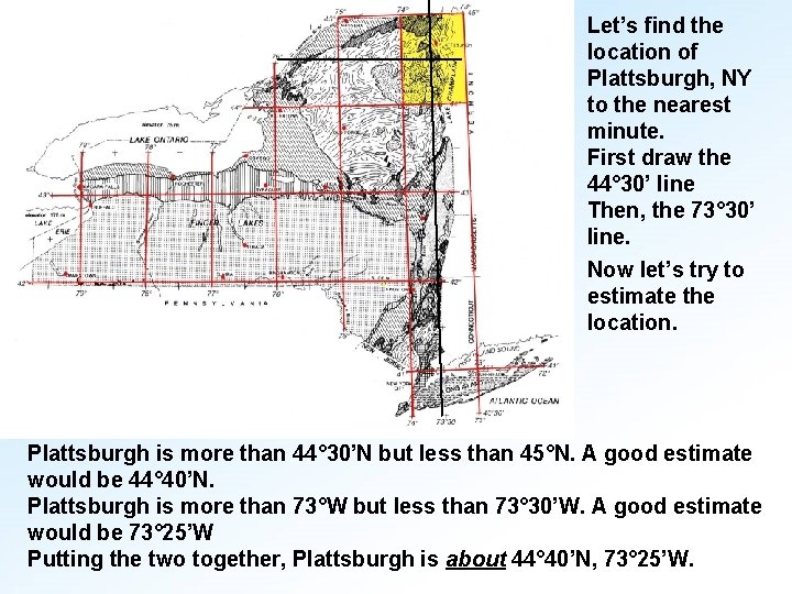 Let’s find the location of Plattsburgh, NY to the nearest minute. First draw the