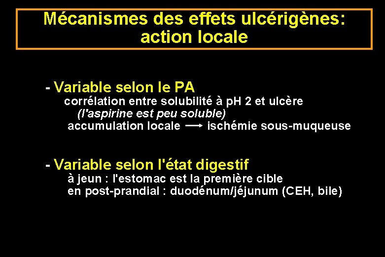 Mécanismes des effets ulcérigènes: action locale - Variable selon le PA corrélation entre solubilité