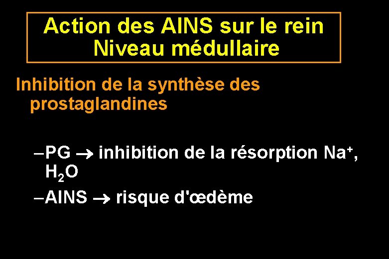 Action des AINS sur le rein Niveau médullaire Inhibition de la synthèse des prostaglandines