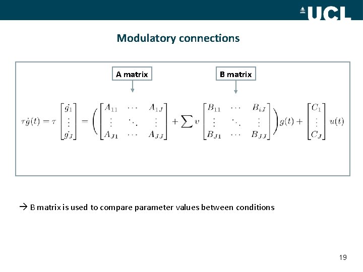 Modulatory connections A matrix B matrix is used to compare parameter values between conditions