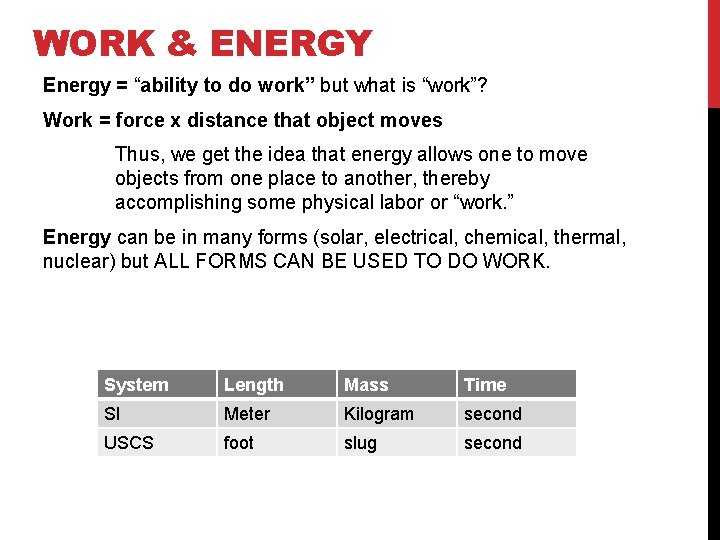 WORK & ENERGY Energy = “ability to do work” but what is “work”? Work WORK & ENERGY Energy = “ability to do work” but what is “work”? Work
