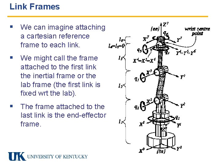 Link Frames § We can imagine attaching a cartesian reference frame to each link.