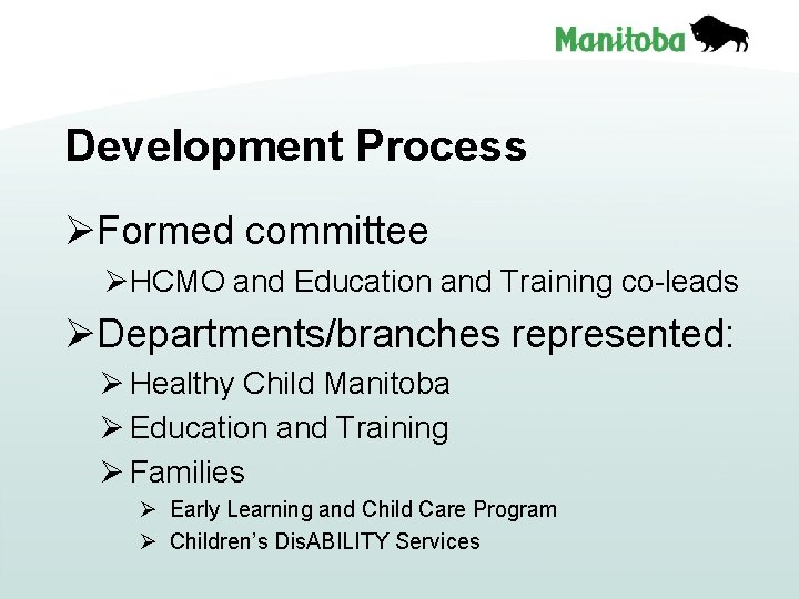 Development Process ØFormed committee ØHCMO and Education and Training co-leads ØDepartments/branches represented: Ø Healthy