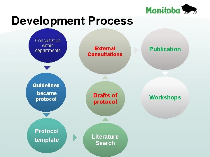 Development Process Consultation within departments External Consultations Publication Drafts of protocol Workshops Guidelines became