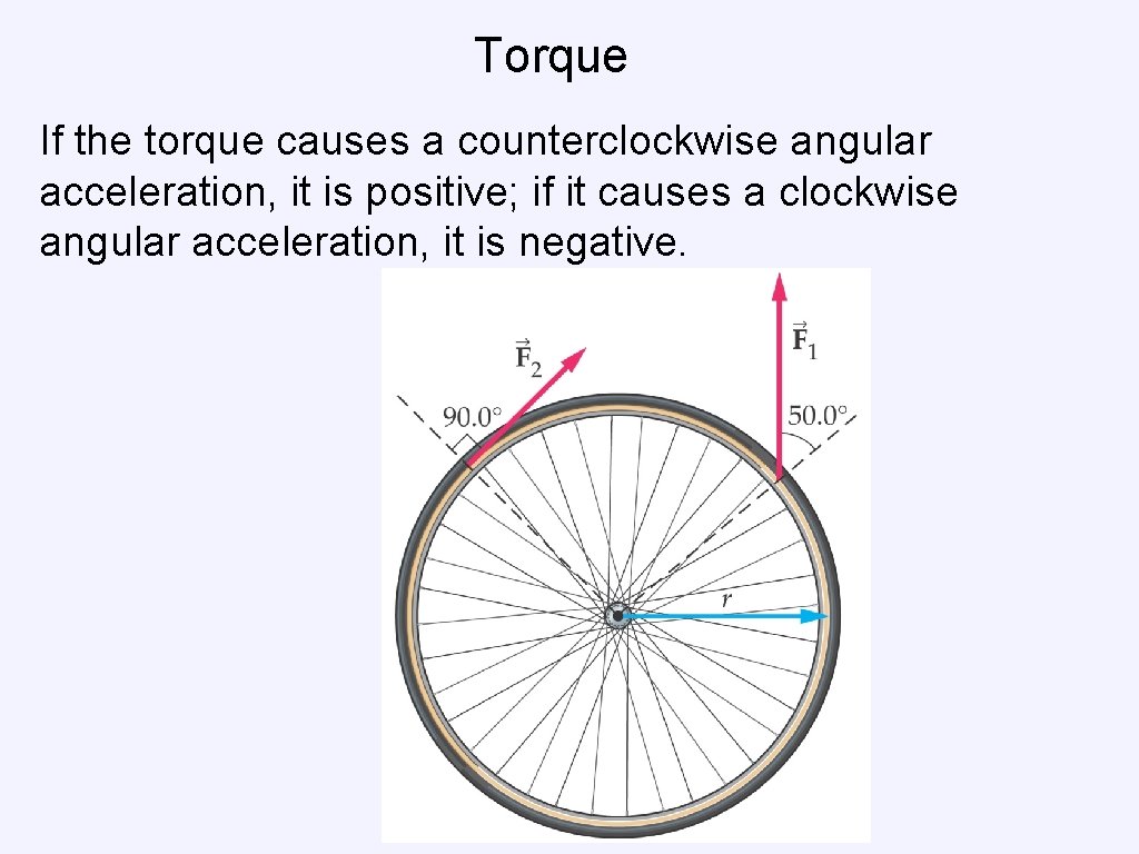 Torque If the torque causes a counterclockwise angular acceleration, it is positive; if it