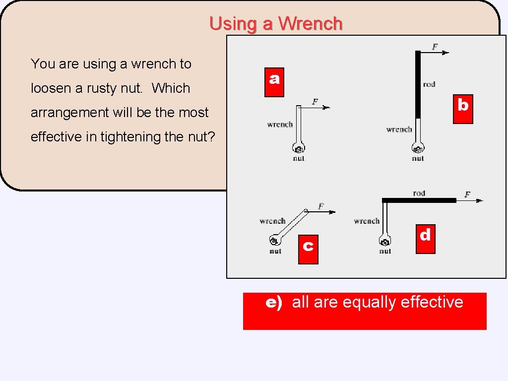 Using a Wrench You are using a wrench to loosen a rusty nut. Which