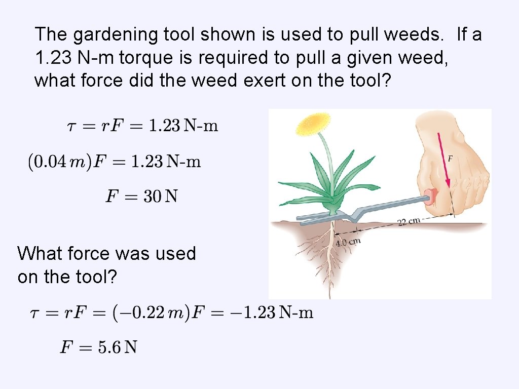 The gardening tool shown is used to pull weeds. If a 1. 23 N-m