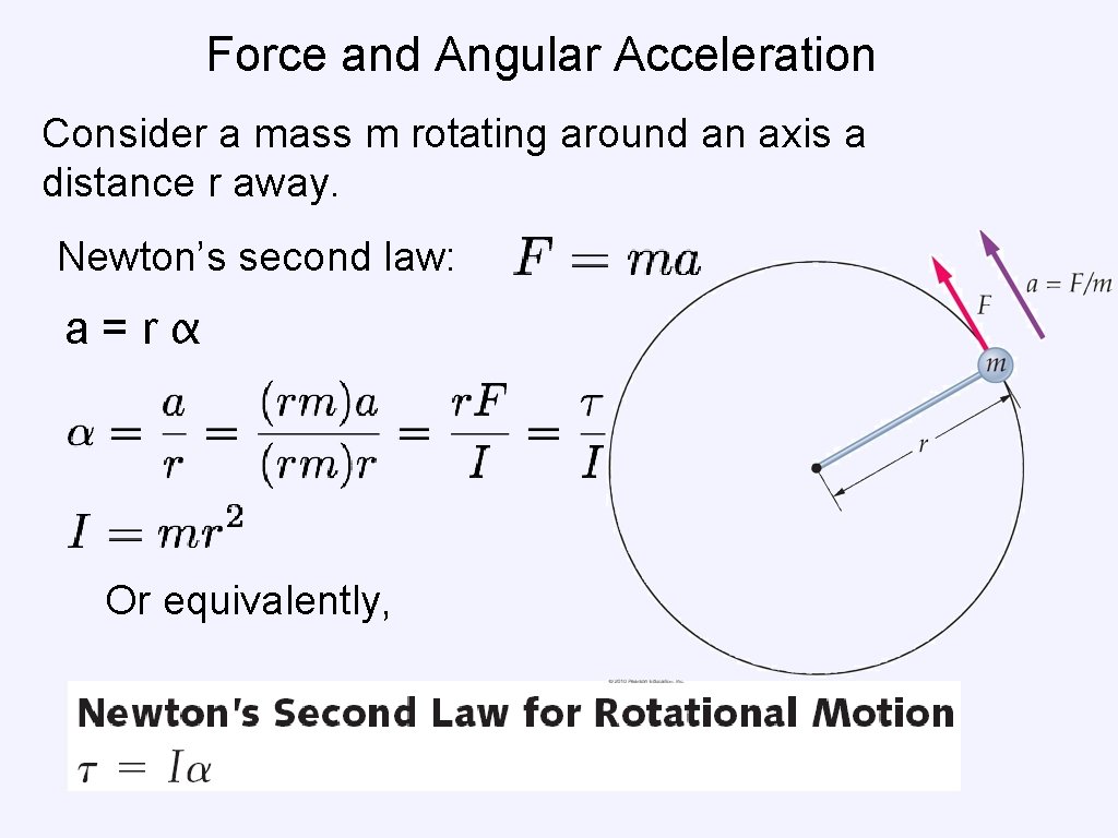 Force and Angular Acceleration Consider a mass m rotating around an axis a distance